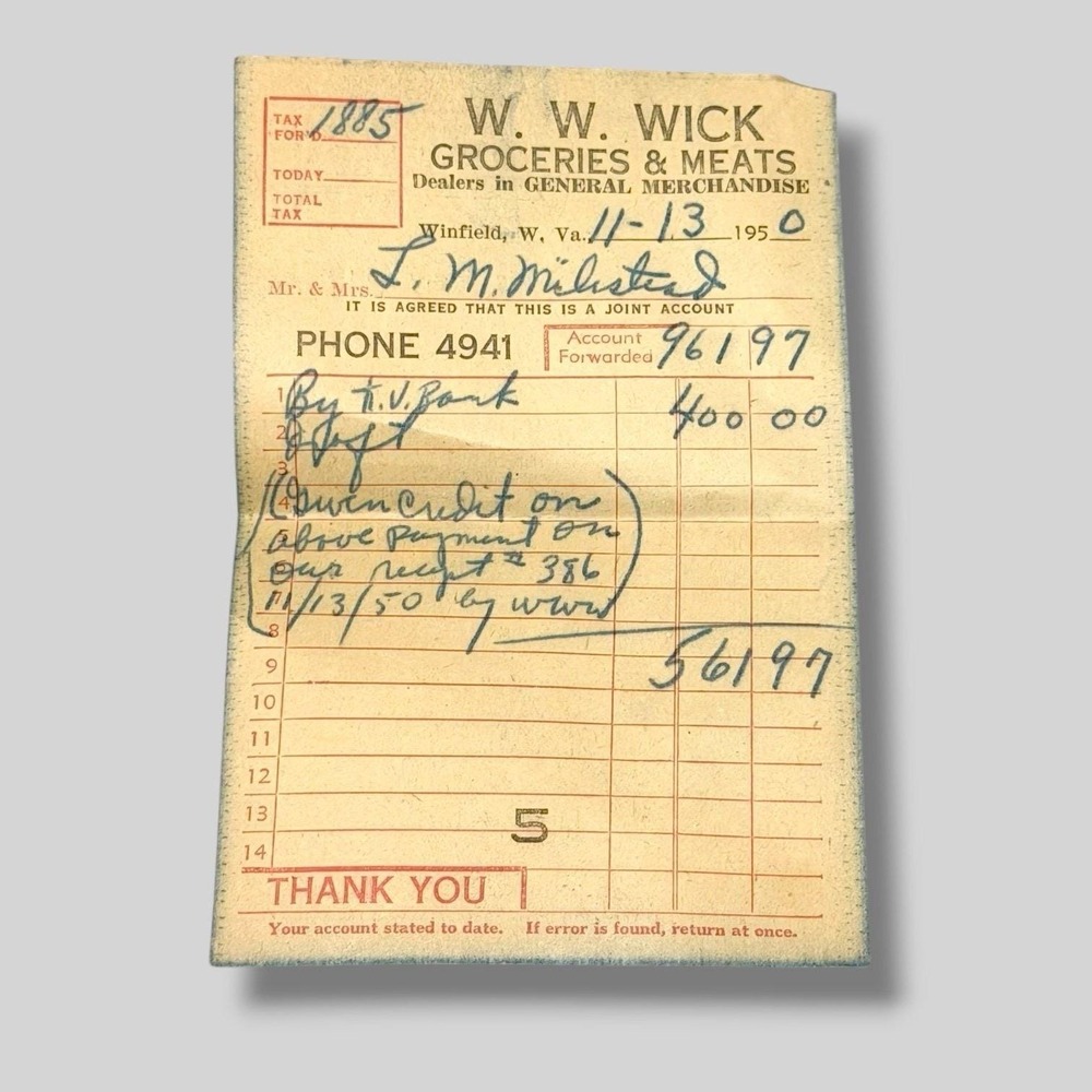 1950 WW WICK Groceries & Meats Winfield West Virginia Merchandise Receipt I321